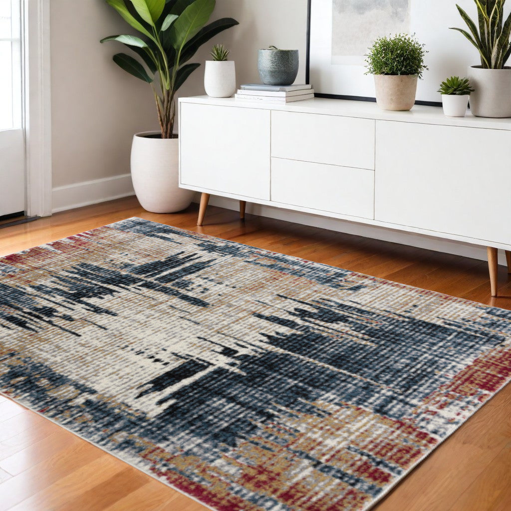 4' X 6' Blue And Ivory Abstract Area Rug-Area Rugs-DECOROLALA