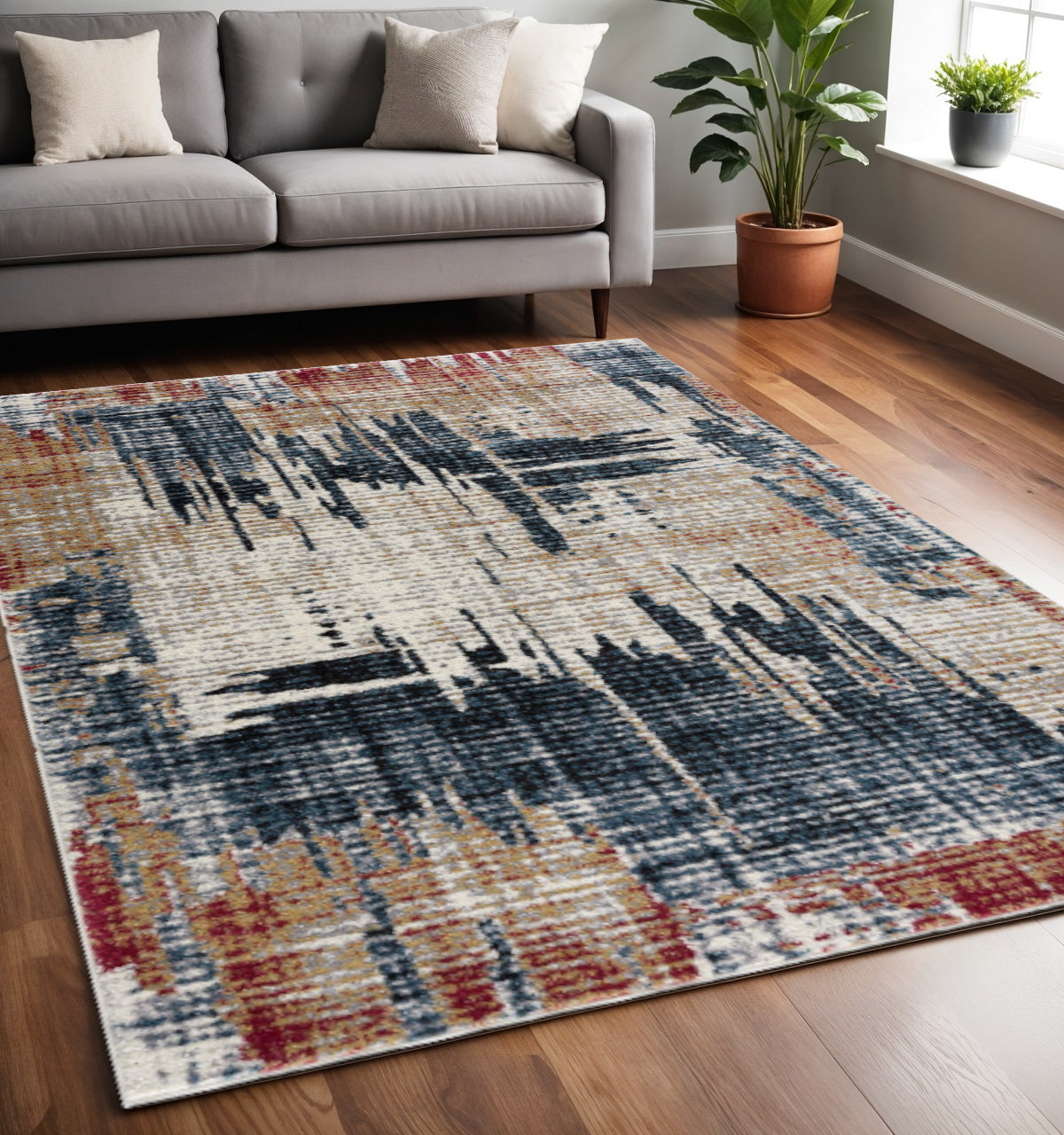 4' X 6' Blue And Ivory Abstract Area Rug-Area Rugs-DECOROLALA