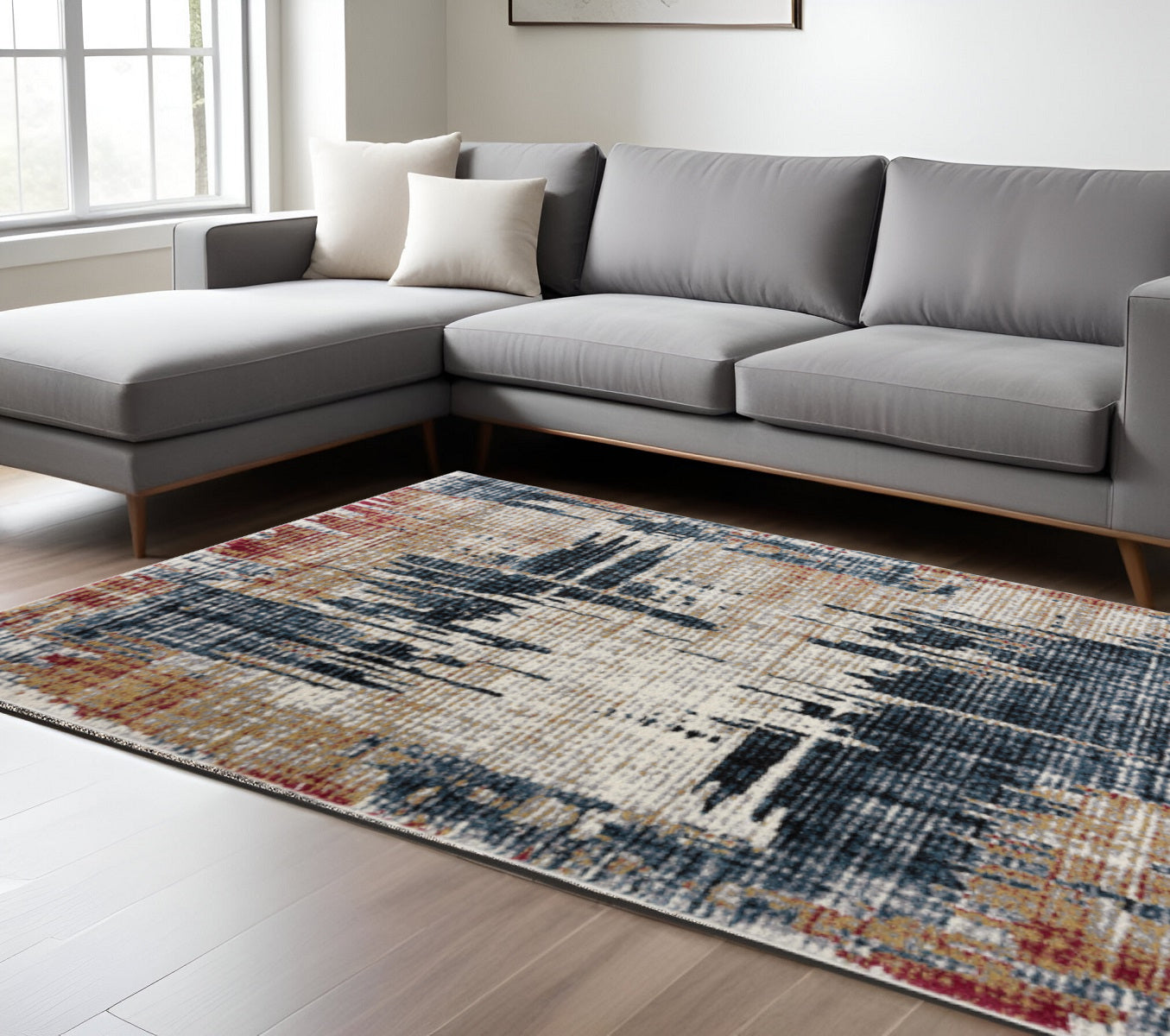 4' X 6' Blue And Ivory Abstract Area Rug-Area Rugs-DECOROLALA