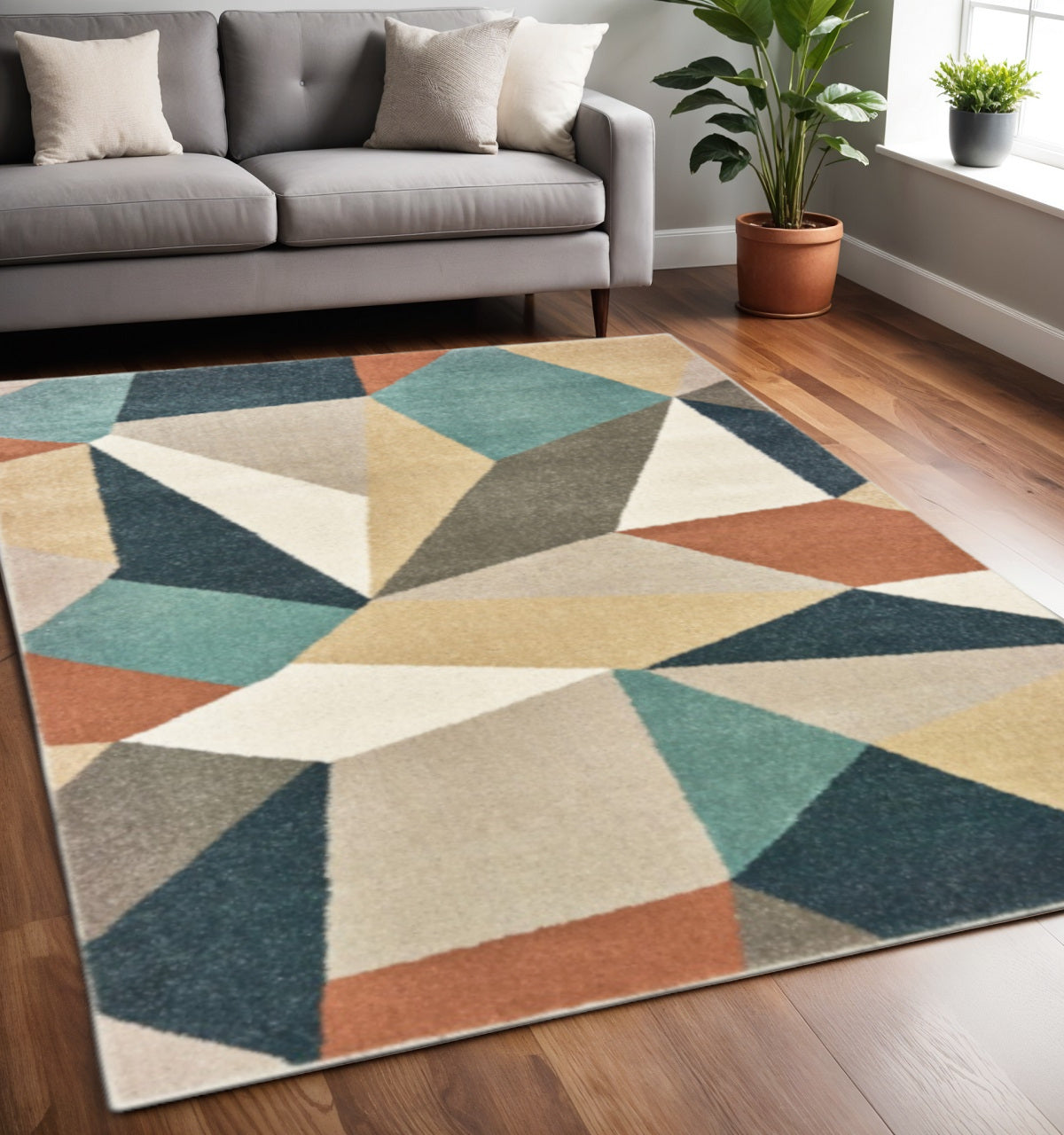 4' X 6' Blue Green And Beige Abstract Geometric Area Rug-Area Rugs-DECOROLALA