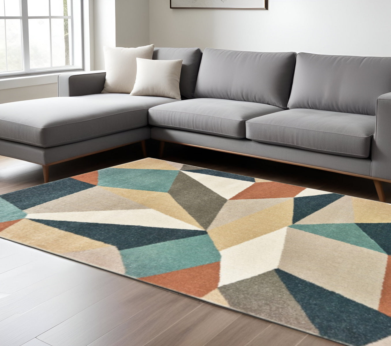 4' X 6' Blue Green And Beige Abstract Geometric Area Rug-Area Rugs-DECOROLALA