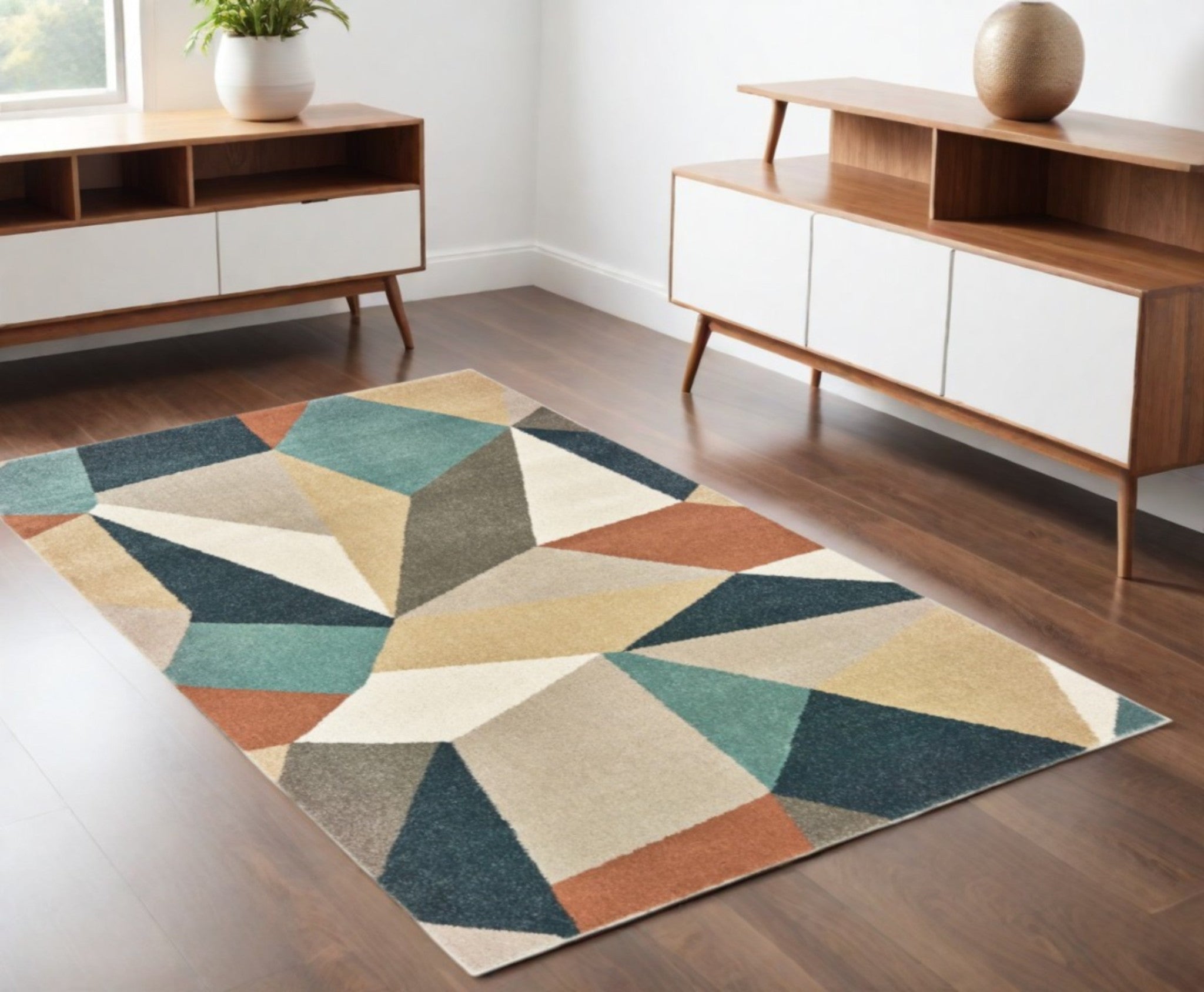 4' X 6' Blue Green And Beige Abstract Geometric Area Rug-Area Rugs-DECOROLALA