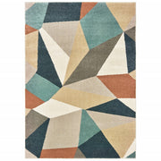 4' X 6' Blue Green And Beige Abstract Geometric Area Rug-Area Rugs-DECOROLALA
