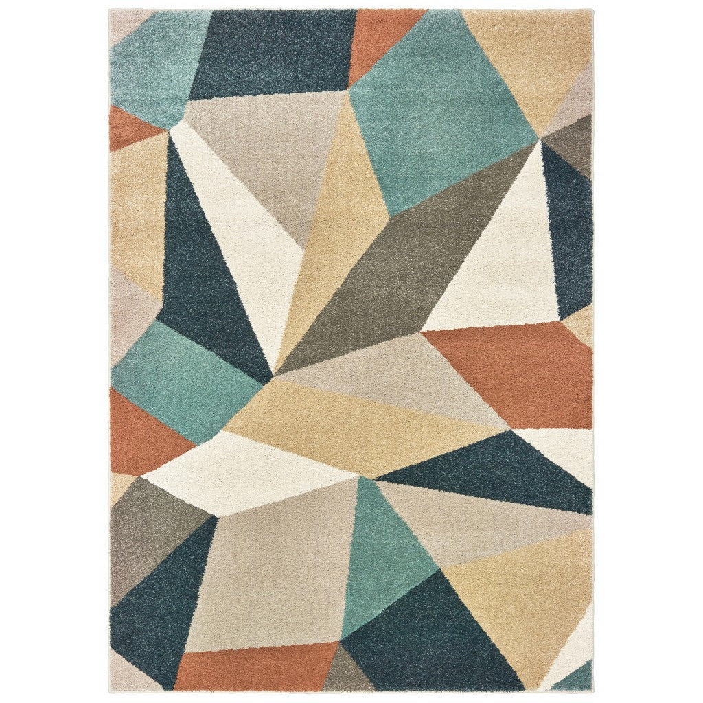 4' X 6' Blue Green And Beige Abstract Geometric Area Rug-Area Rugs-DECOROLALA