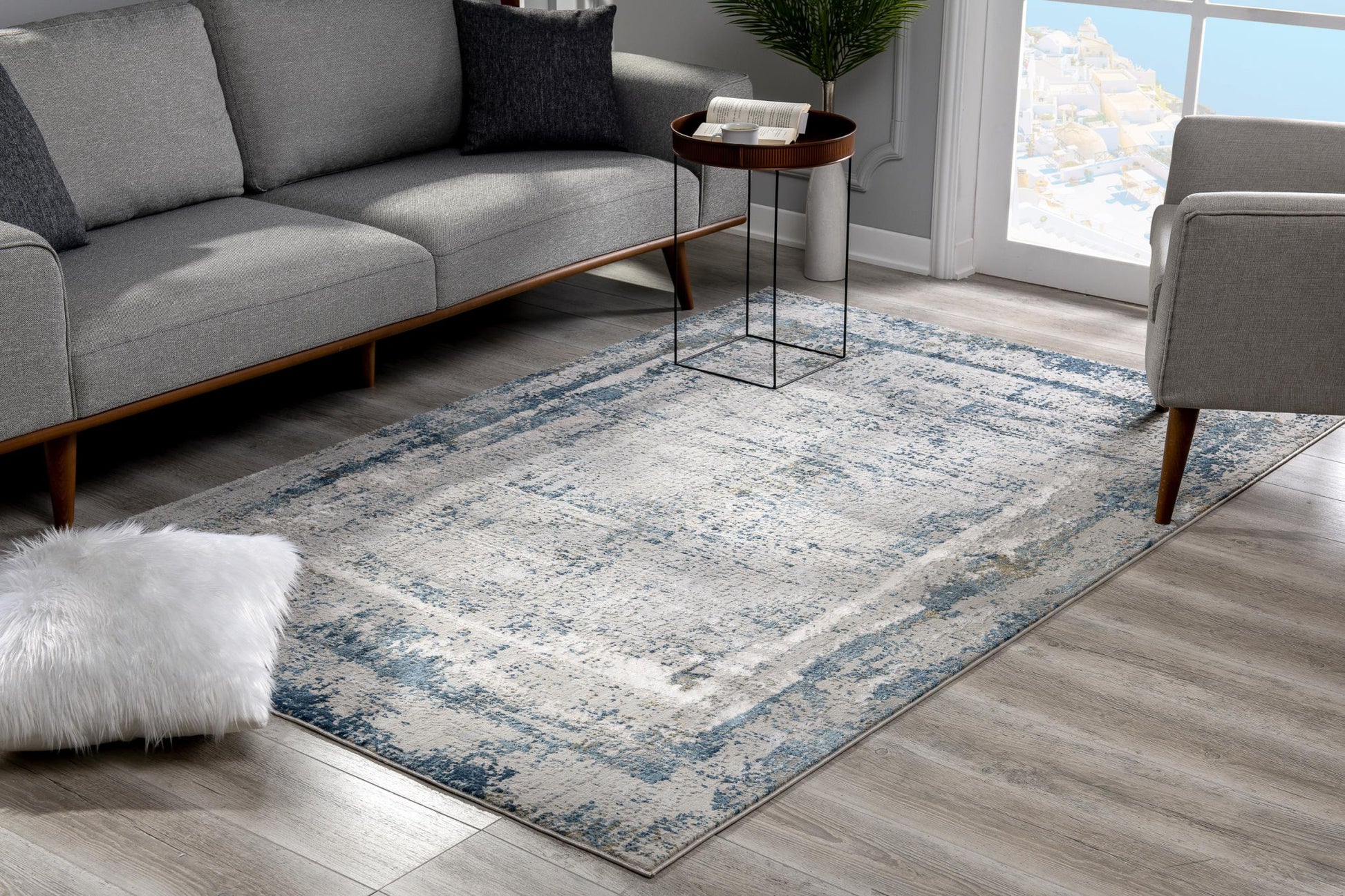 4' X 6' Blue and Ivory Abstract Power Loom Area Rug-Area Rugs-DECOROLALA