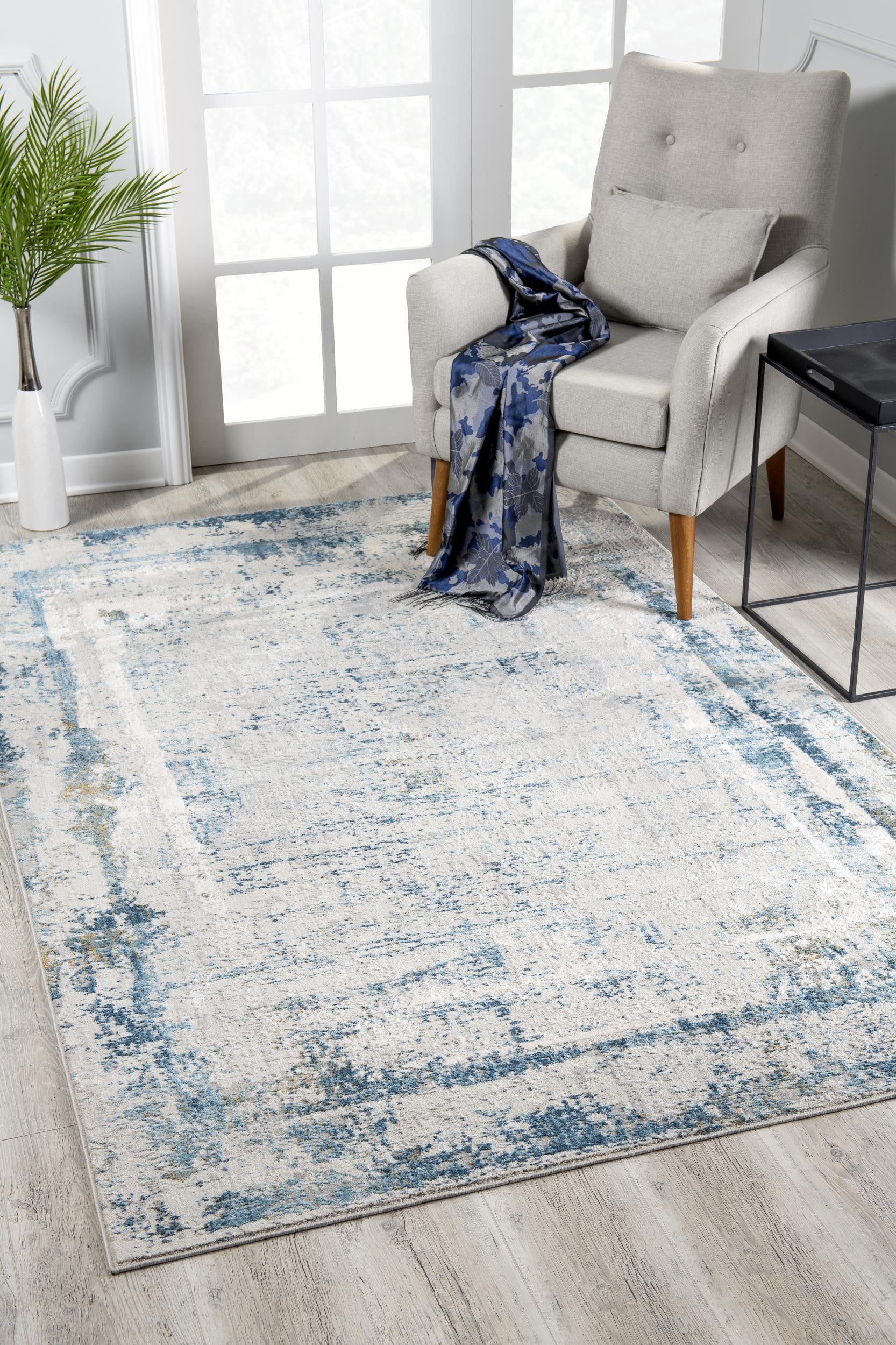 4' X 6' Blue and Ivory Abstract Power Loom Area Rug-Area Rugs-DECOROLALA