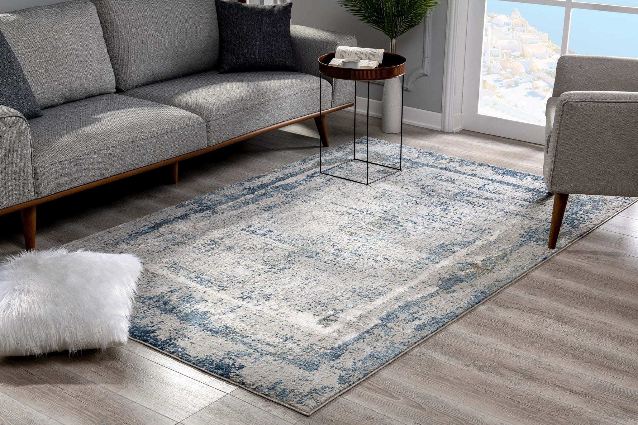 4' X 6' Blue and Ivory Abstract Power Loom Area Rug-Area Rugs-DECOROLALA