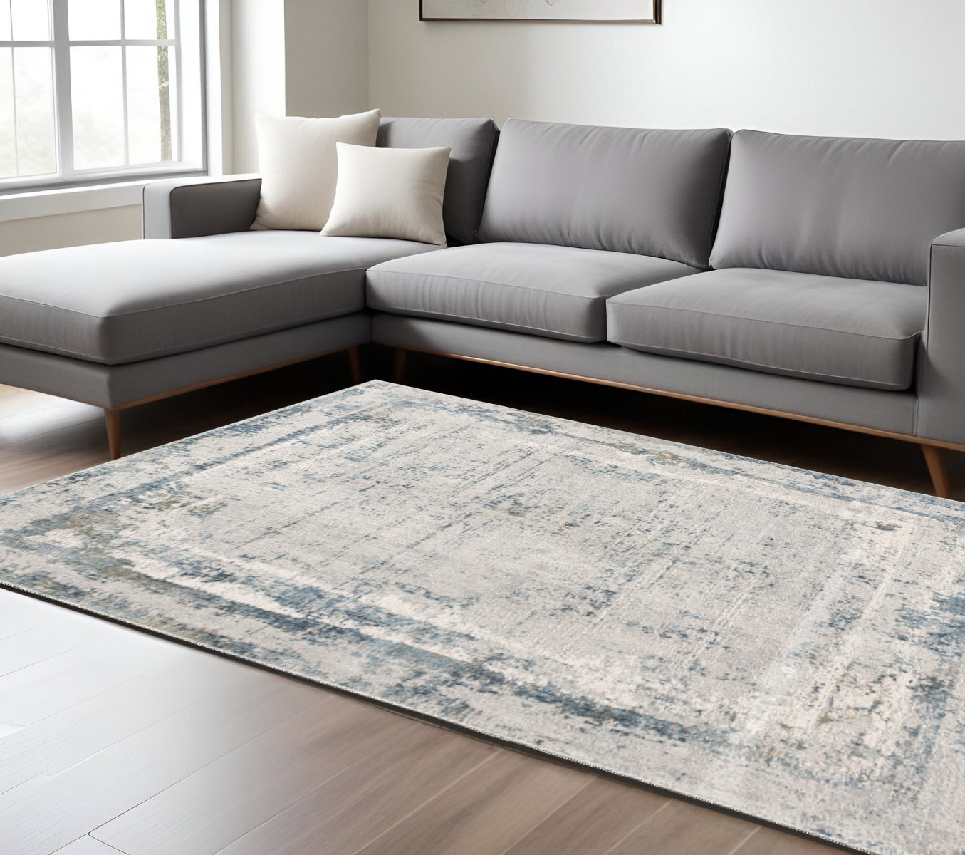 4' X 6' Blue and Ivory Abstract Power Loom Area Rug-Area Rugs-DECOROLALA