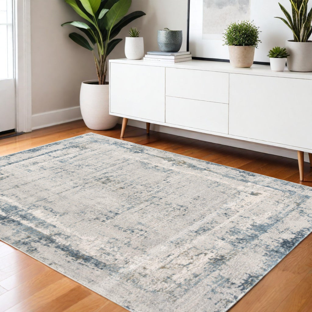 4' X 6' Blue and Ivory Abstract Power Loom Area Rug-Area Rugs-DECOROLALA