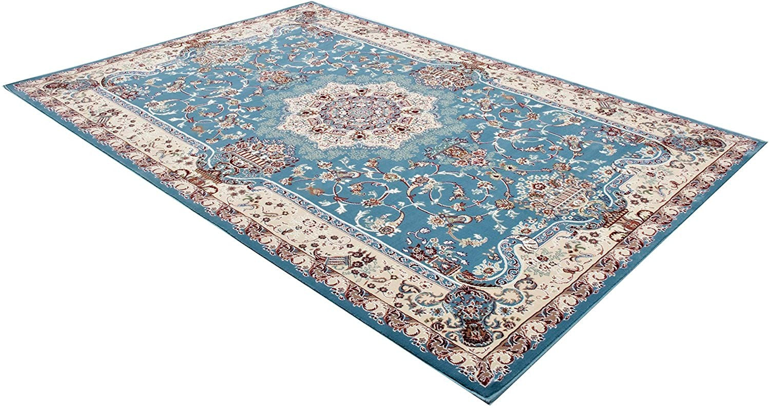 4' X 6' Blue and Ivory Oriental Power Loom Area Rug-Area Rugs-DECOROLALA