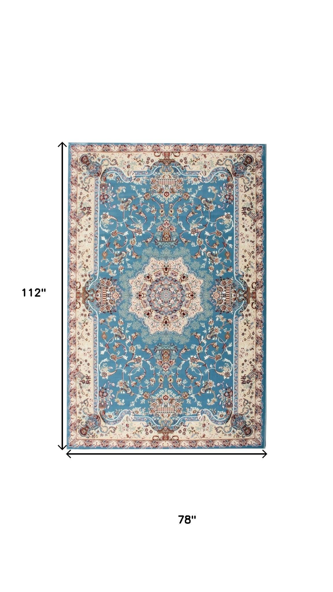 4' X 6' Blue and Ivory Oriental Power Loom Area Rug-Area Rugs-DECOROLALA
