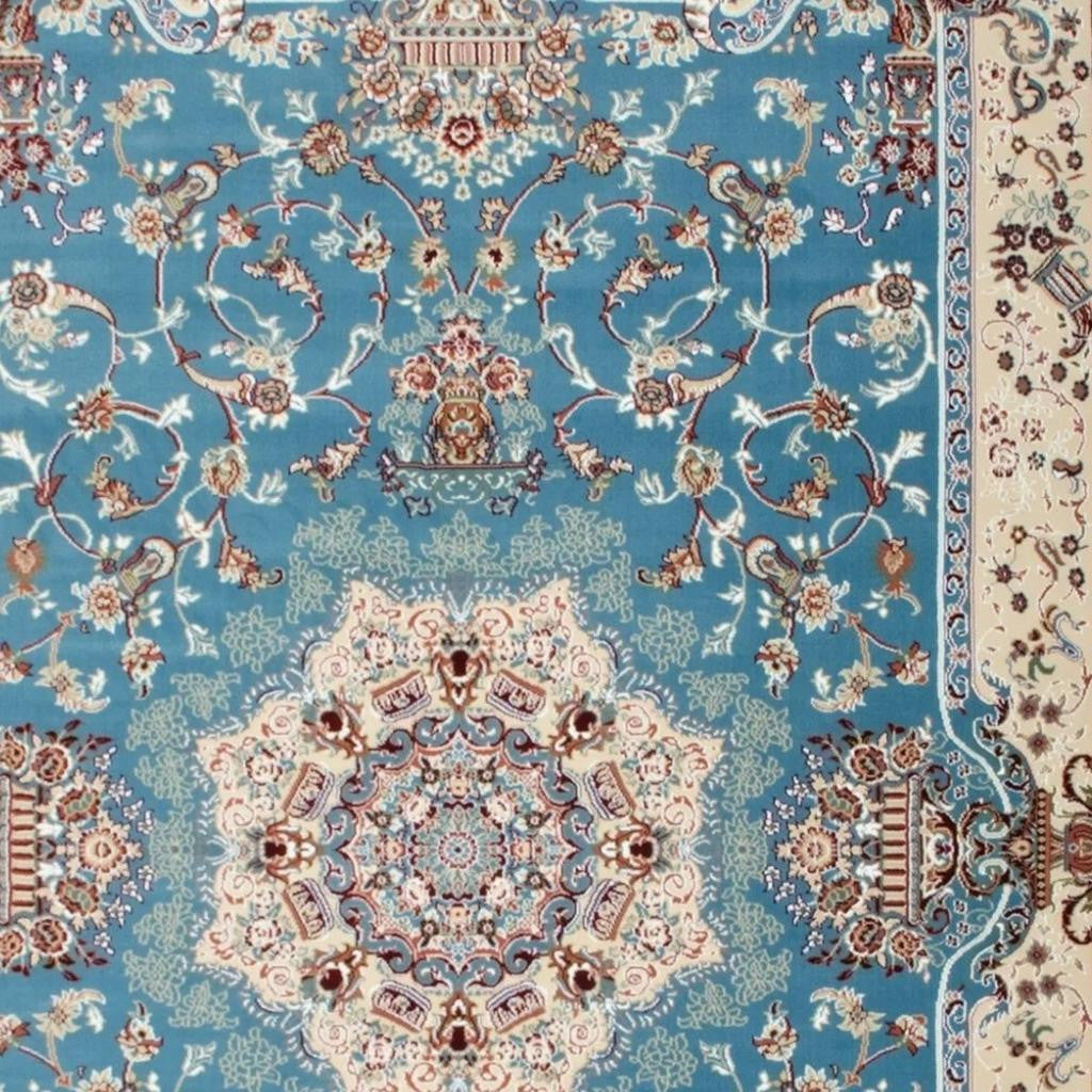 4' X 6' Blue and Ivory Oriental Power Loom Area Rug-Area Rugs-DECOROLALA