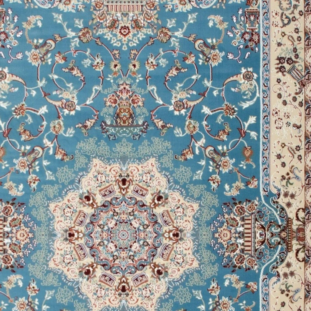 4' X 6' Blue and Ivory Oriental Power Loom Area Rug-Area Rugs-DECOROLALA