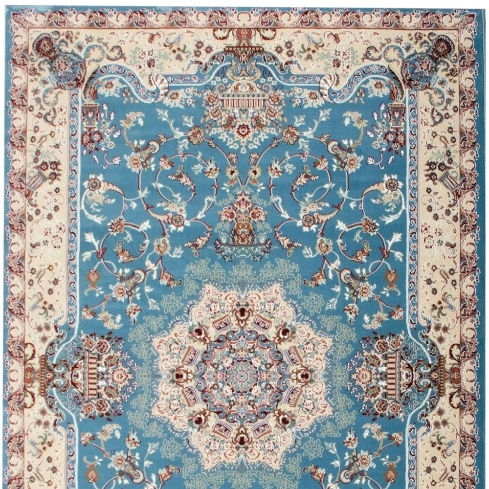 4' X 6' Blue and Ivory Oriental Power Loom Area Rug-Area Rugs-DECOROLALA