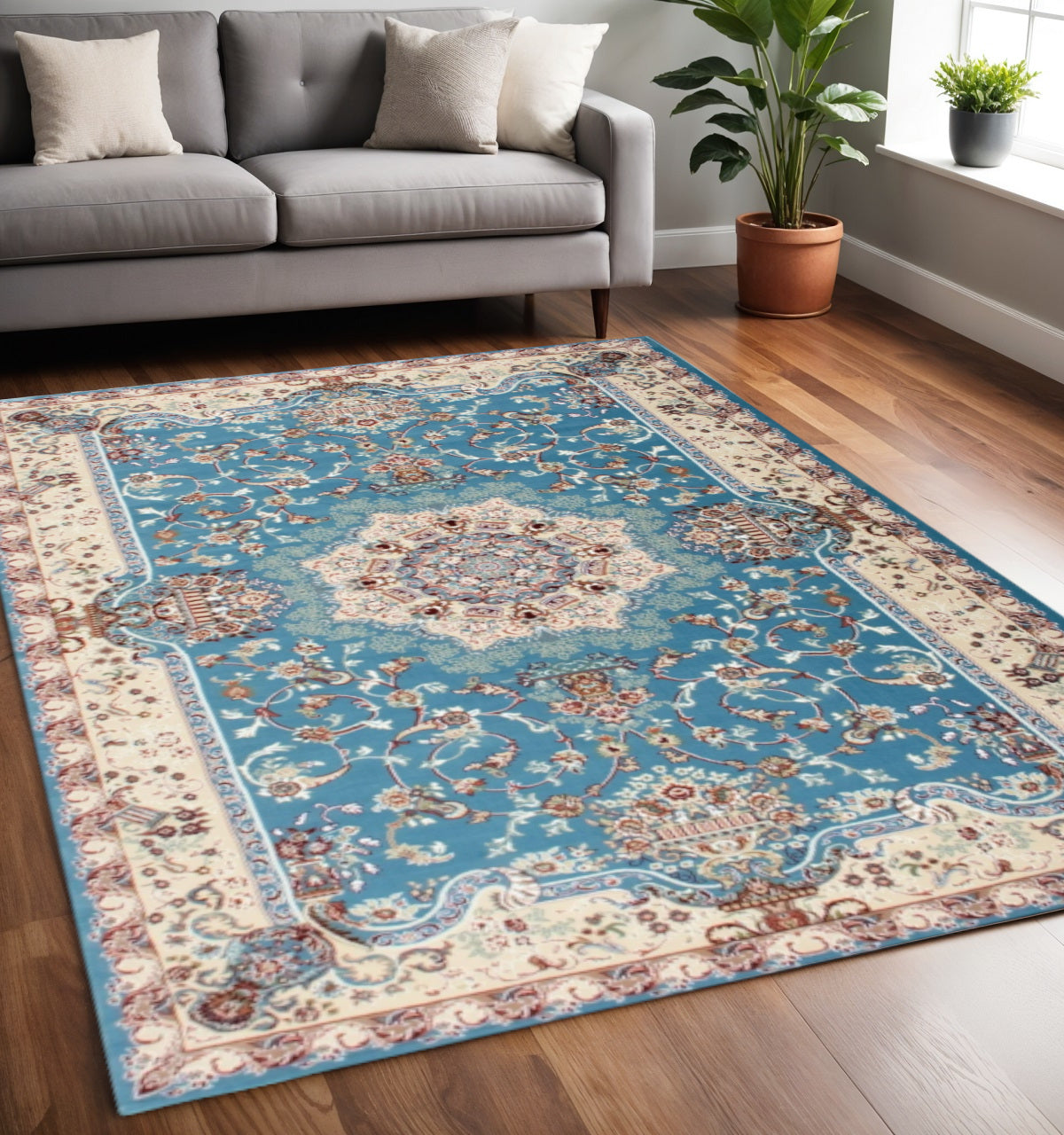 4' X 6' Blue and Ivory Oriental Power Loom Area Rug-Area Rugs-DECOROLALA