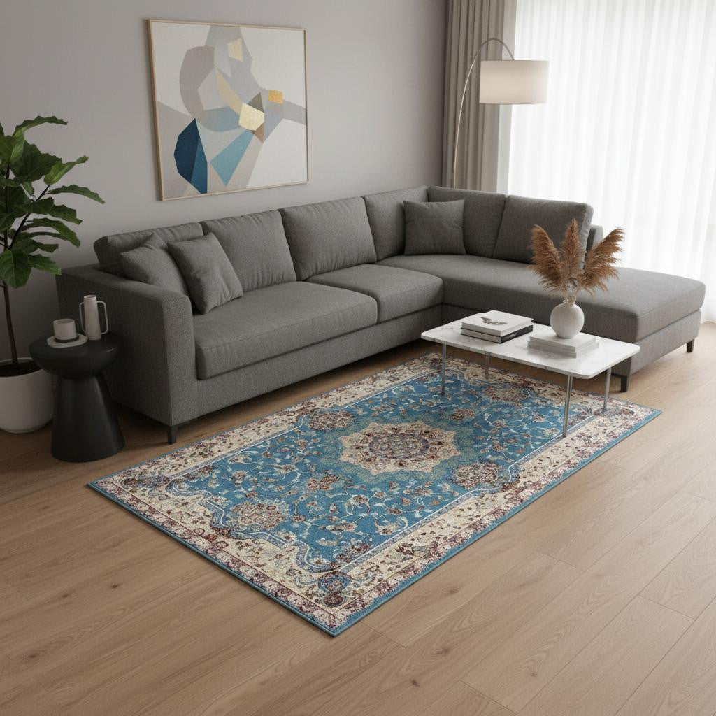 4' X 6' Blue and Ivory Oriental Power Loom Area Rug-Area Rugs-DECOROLALA