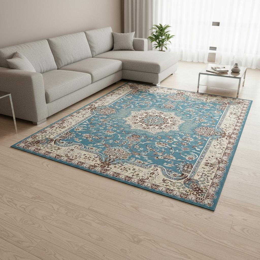 4' X 6' Blue and Ivory Oriental Power Loom Area Rug-Area Rugs-DECOROLALA