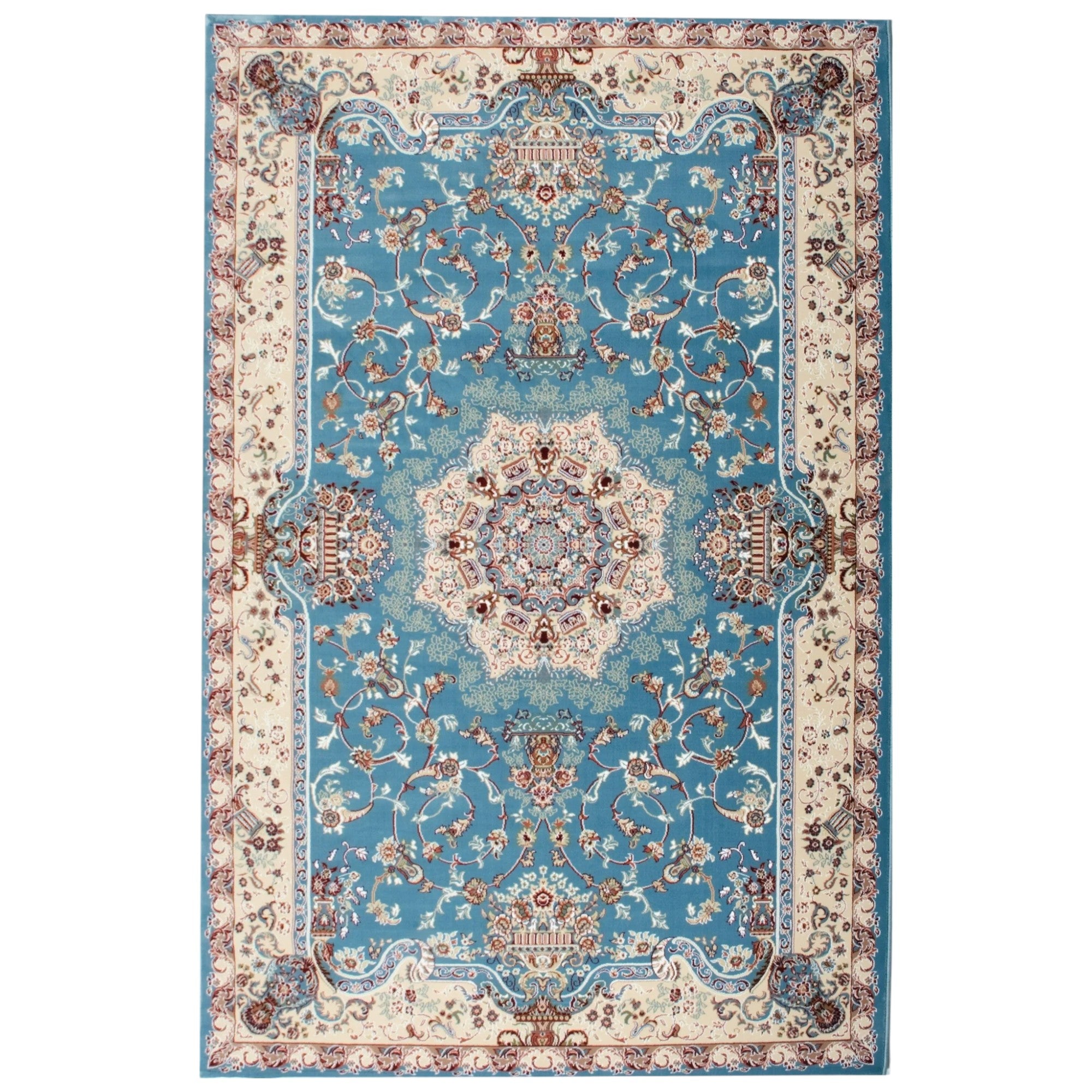 4' X 6' Blue and Ivory Oriental Power Loom Area Rug-Area Rugs-DECOROLALA