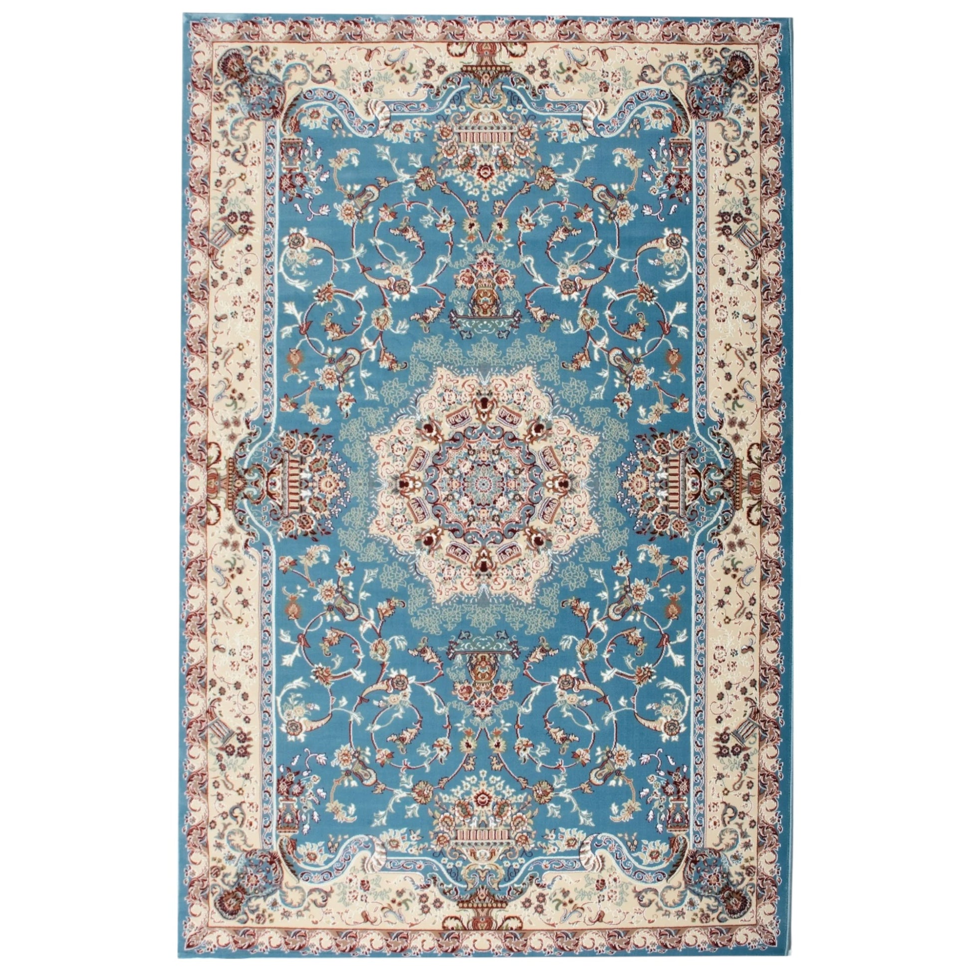 4' X 6' Blue and Ivory Oriental Power Loom Area Rug-Area Rugs-DECOROLALA