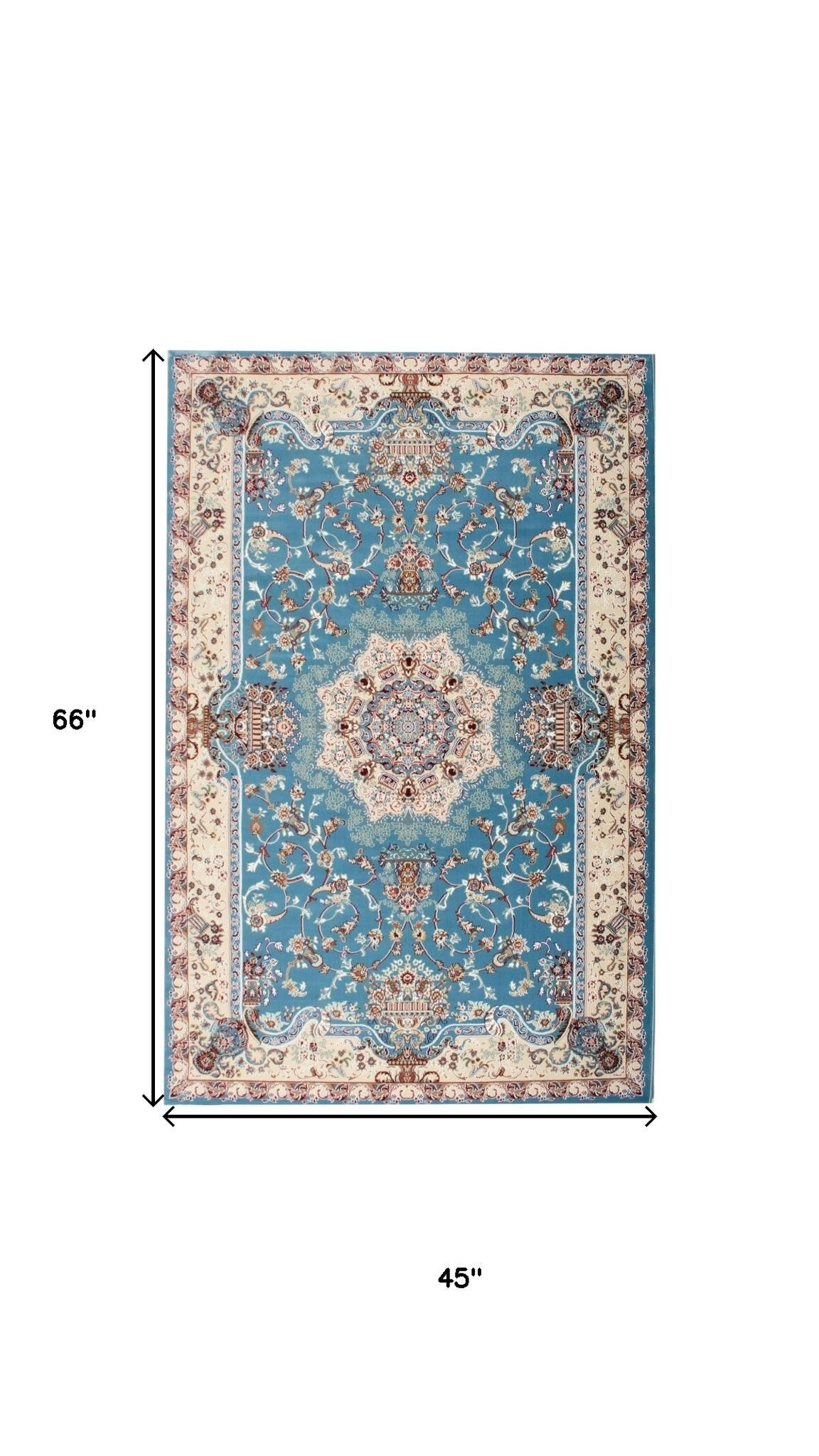 4' X 6' Blue and Ivory Oriental Power Loom Area Rug-Area Rugs-DECOROLALA