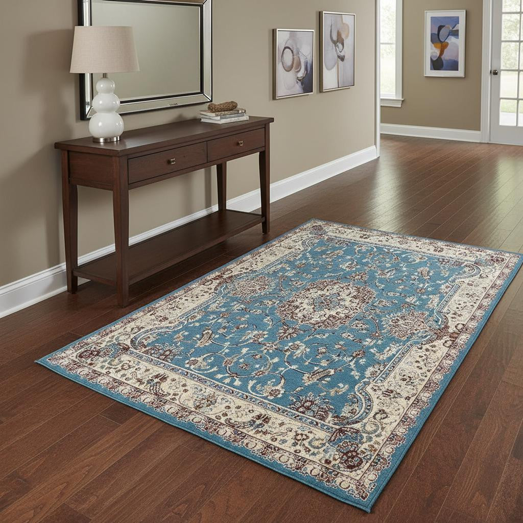 4' X 6' Blue and Ivory Oriental Power Loom Area Rug-Area Rugs-DECOROLALA