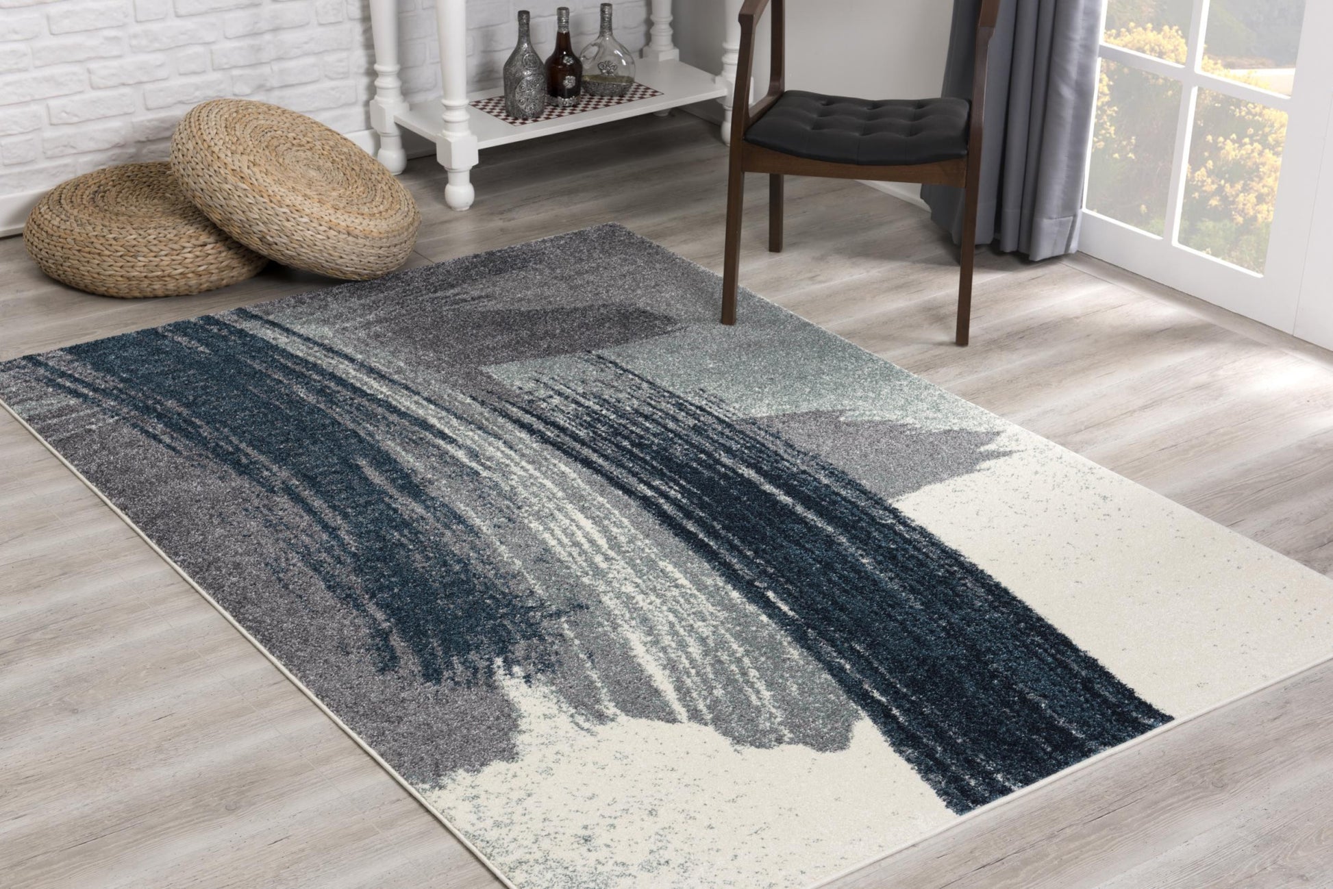 4' X 6' Blue and White Abstract Shag Power Loom Area Rug-Area Rugs-DECOROLALA