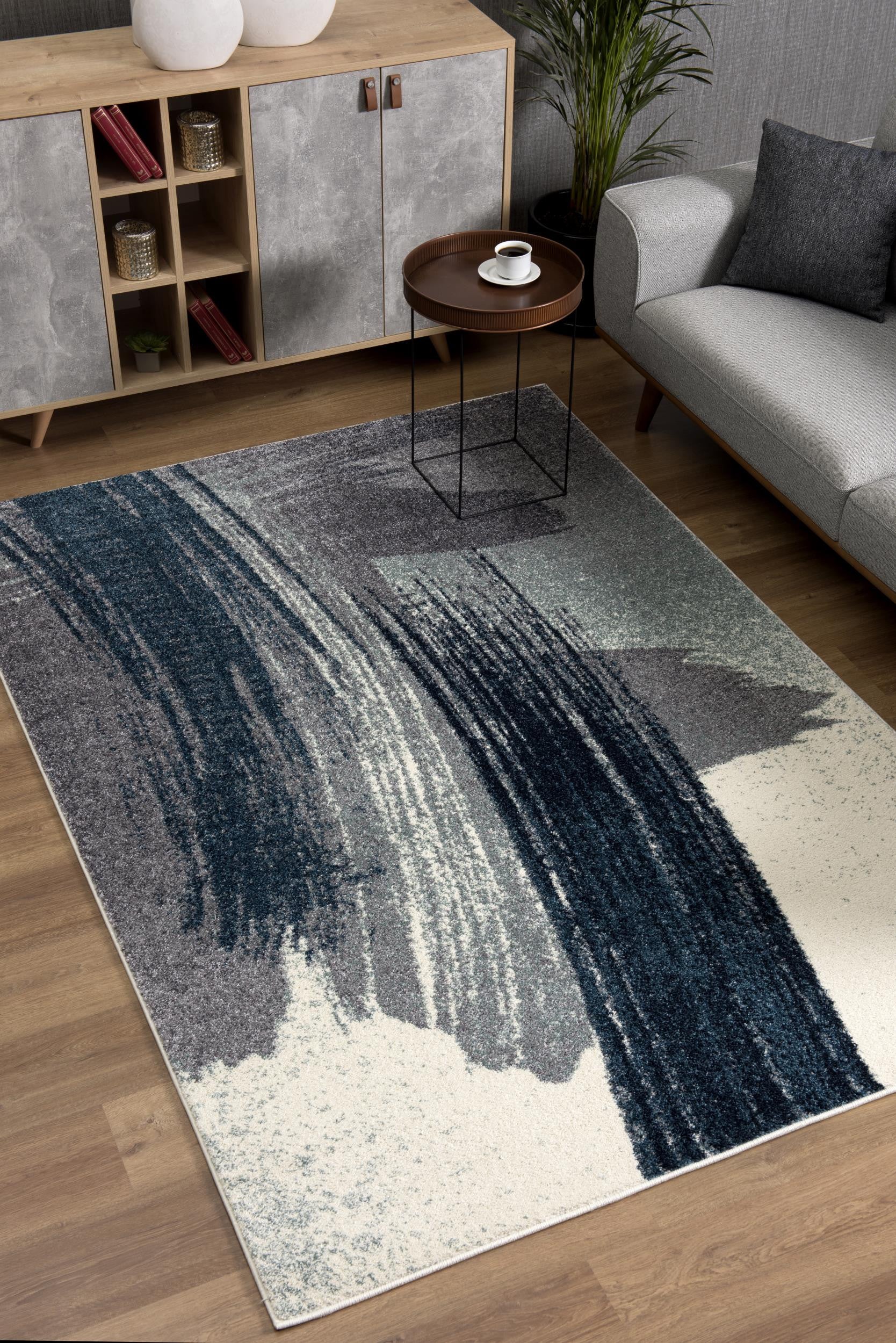 4' X 6' Blue and White Abstract Shag Power Loom Area Rug-Area Rugs-DECOROLALA