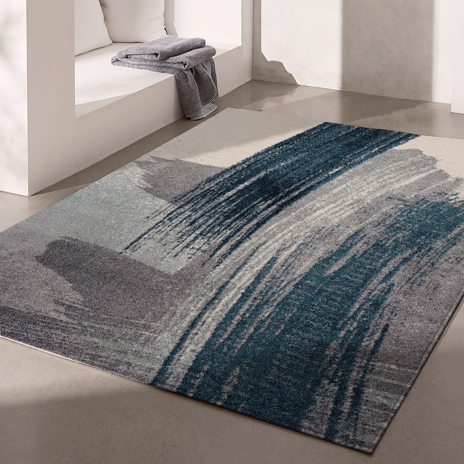 4' X 6' Blue and White Abstract Shag Power Loom Area Rug-Area Rugs-DECOROLALA