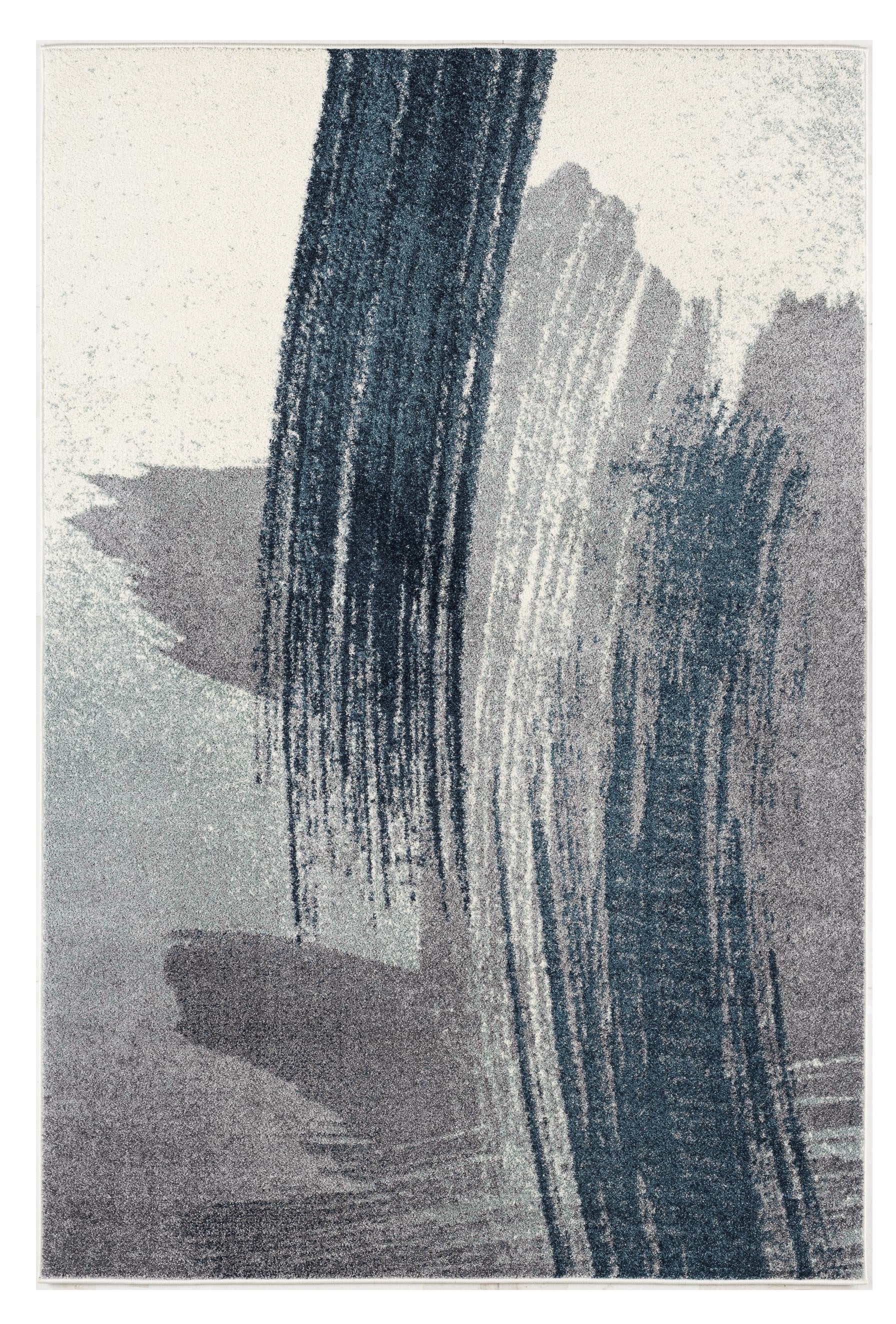 4' X 6' Blue and White Abstract Shag Power Loom Area Rug-Area Rugs-DECOROLALA