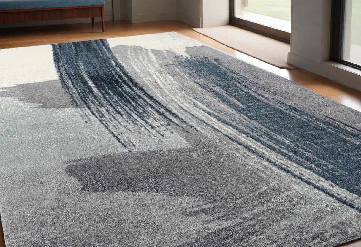 4' X 6' Blue and White Abstract Shag Power Loom Area Rug-Area Rugs-DECOROLALA
