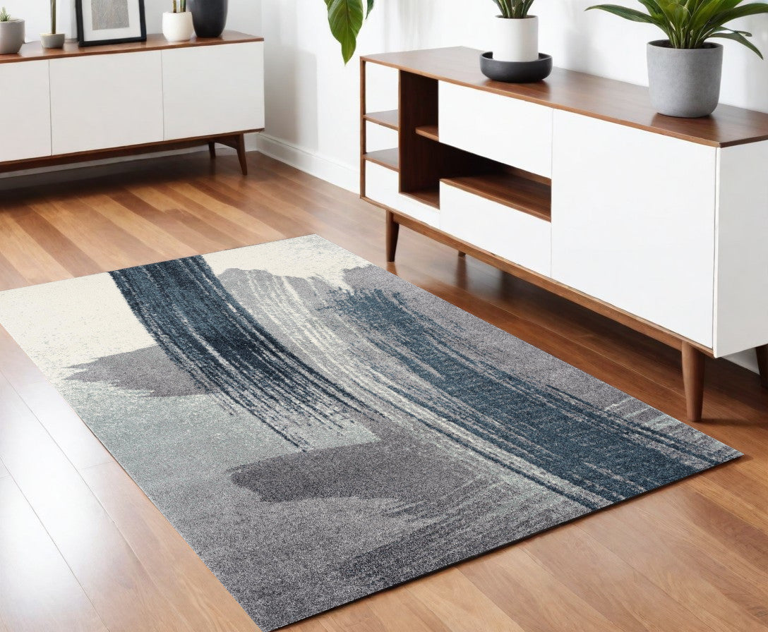 4' X 6' Blue and White Abstract Shag Power Loom Area Rug-Area Rugs-DECOROLALA