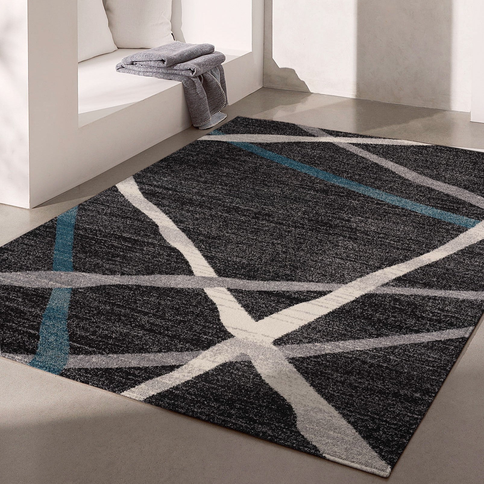 4' X 6' Distressed Black And Gray Abstract Area Rug-Area Rugs-DECOROLALA