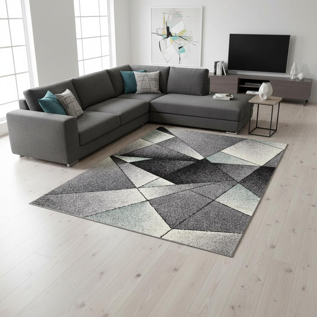 4' X 6' Gray And Blue Prism Pattern Area Rug-Area Rugs-DECOROLALA