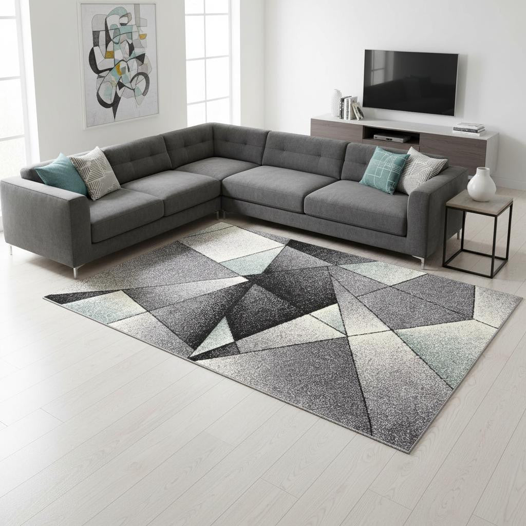 4' X 6' Gray And Blue Prism Pattern Area Rug-Area Rugs-DECOROLALA