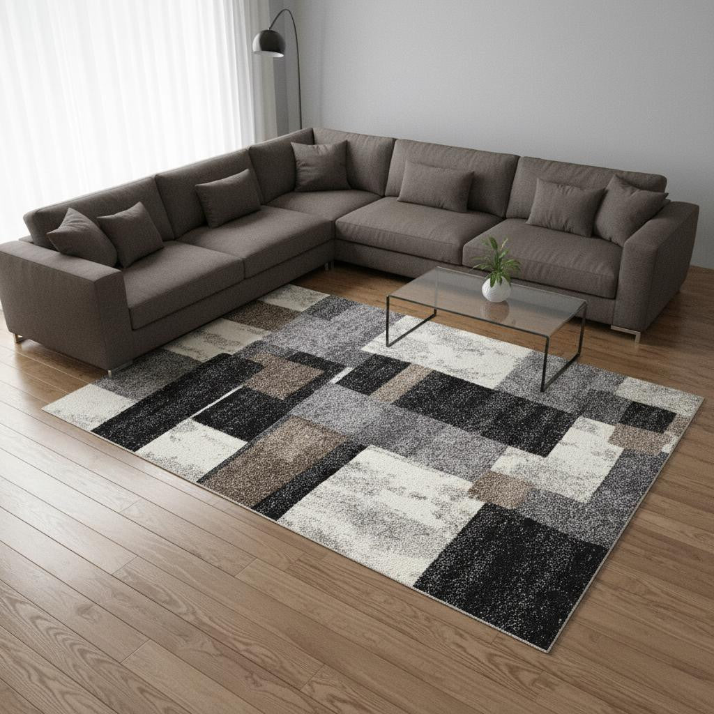 4' X 6' Gray Black and Brown Abstract Geometric Area Rug-Area Rugs-DECOROLALA
