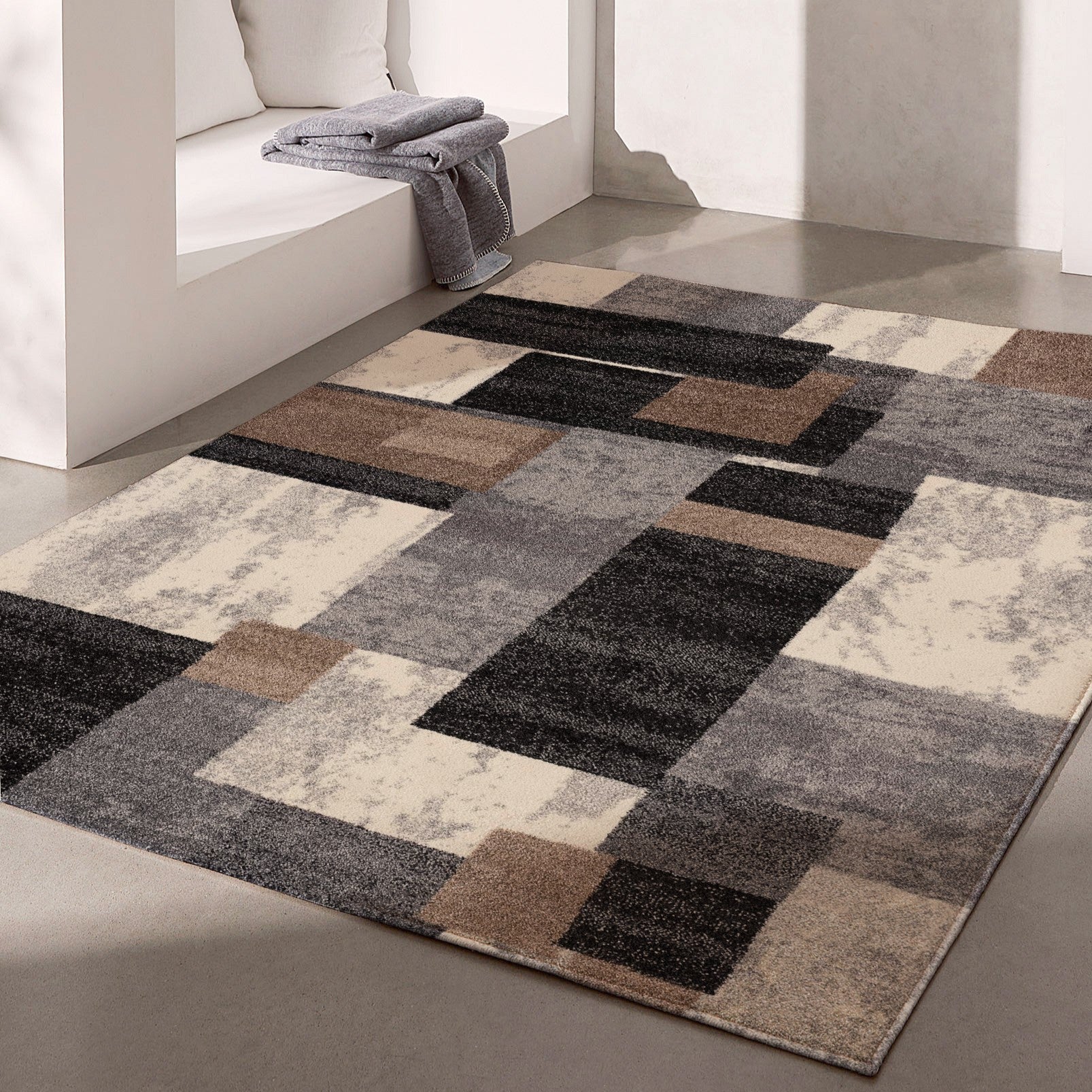 4' X 6' Gray Black and Brown Abstract Geometric Area Rug-Area Rugs-DECOROLALA