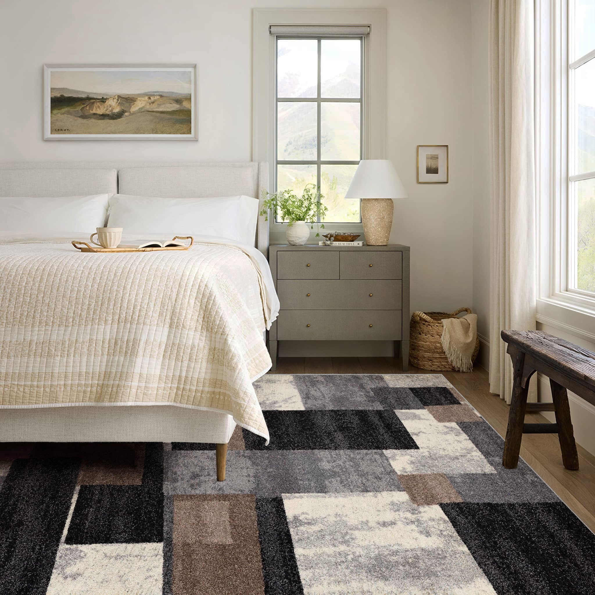 4' X 6' Gray Black and Brown Abstract Geometric Area Rug-Area Rugs-DECOROLALA