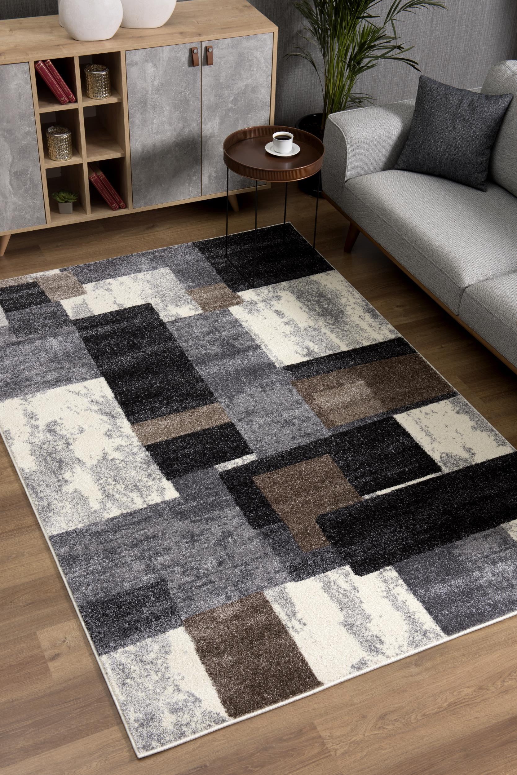 4' X 6' Gray Black and Brown Abstract Geometric Area Rug-Area Rugs-DECOROLALA