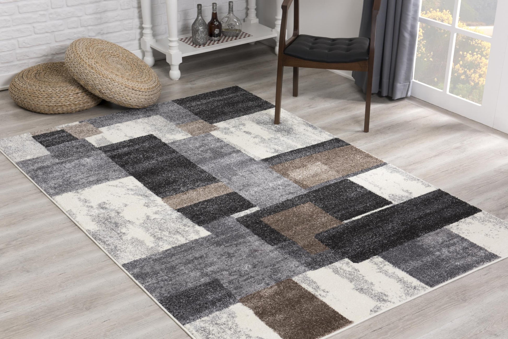 4' X 6' Gray Black and Brown Abstract Geometric Area Rug-Area Rugs-DECOROLALA