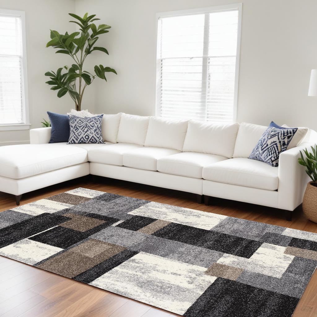 4' X 6' Gray Black and Brown Abstract Geometric Area Rug-Area Rugs-DECOROLALA