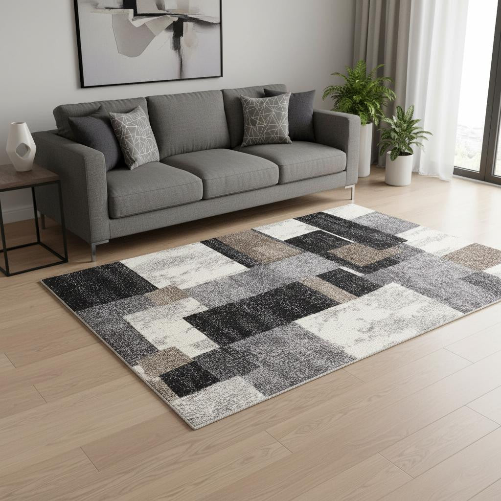 4' X 6' Gray Black and Brown Abstract Geometric Area Rug-Area Rugs-DECOROLALA