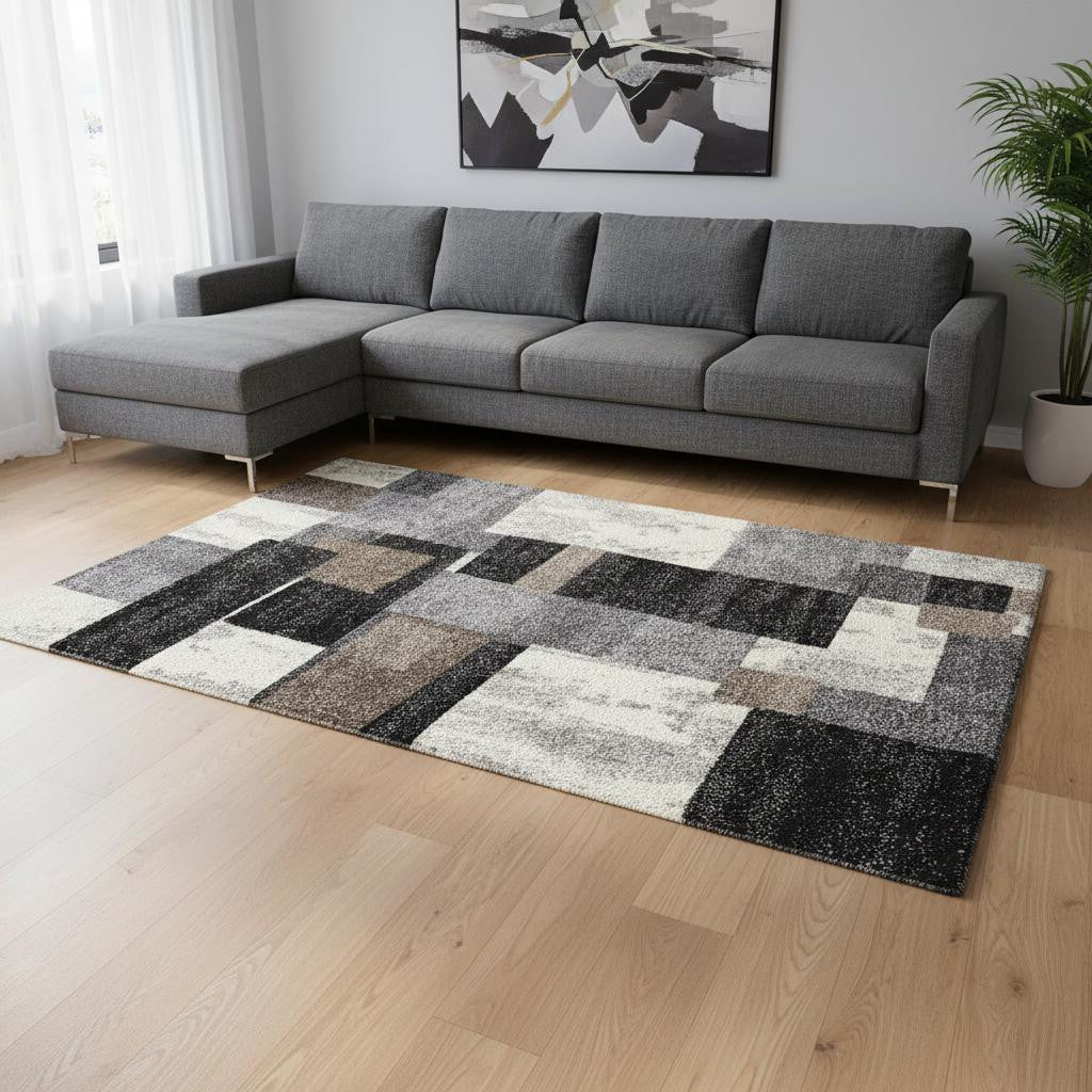 4' X 6' Gray Black and Brown Abstract Geometric Area Rug-Area Rugs-DECOROLALA