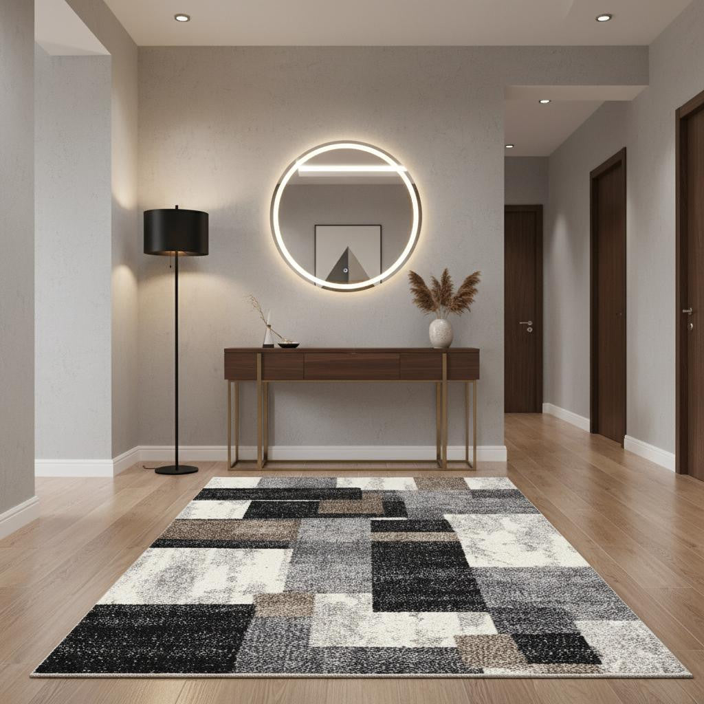 4' X 6' Gray Black and Brown Abstract Geometric Area Rug-Area Rugs-DECOROLALA