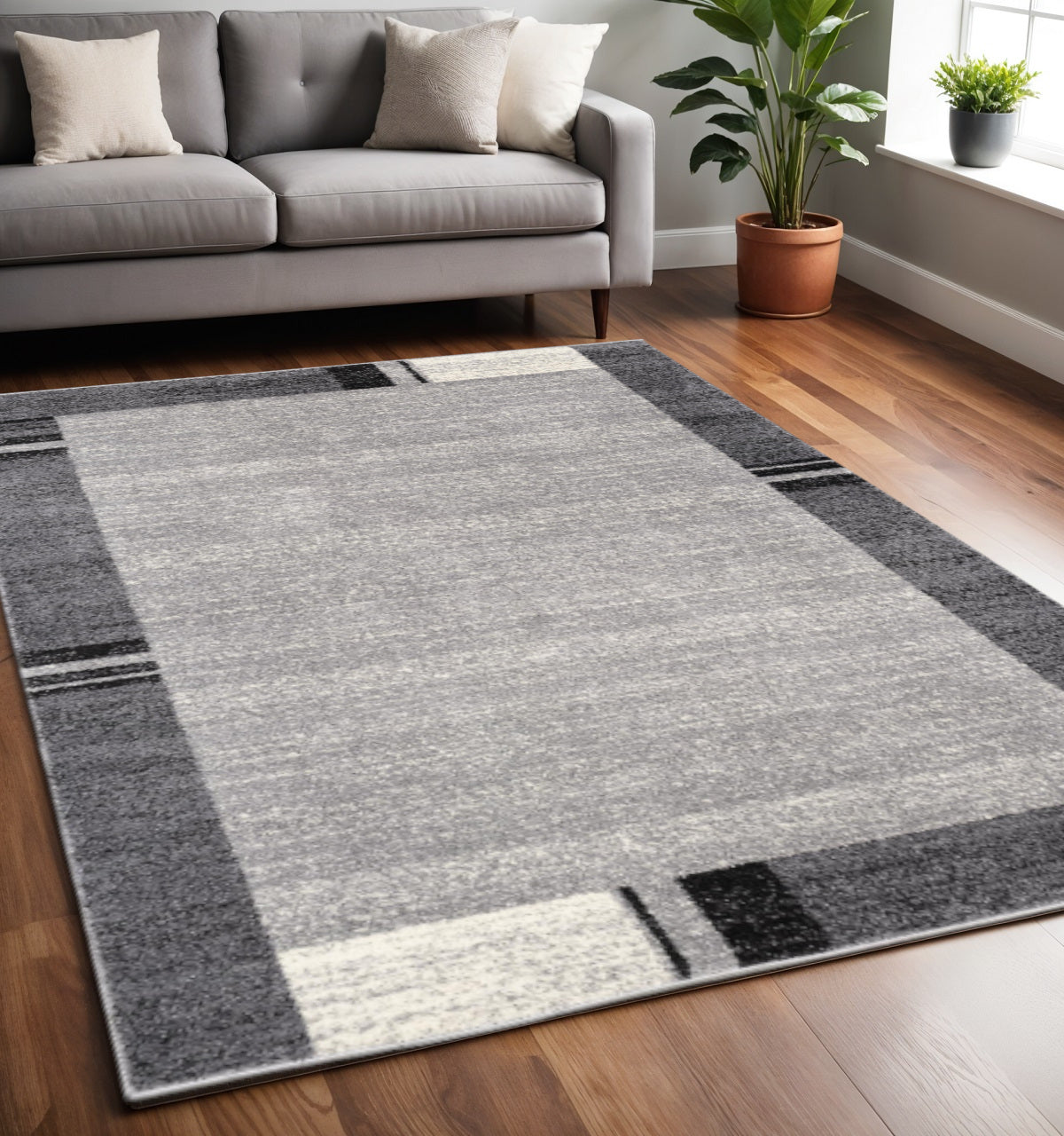 4' X 6' Gray Modern Bordered Area Rug-Area Rugs-DECOROLALA