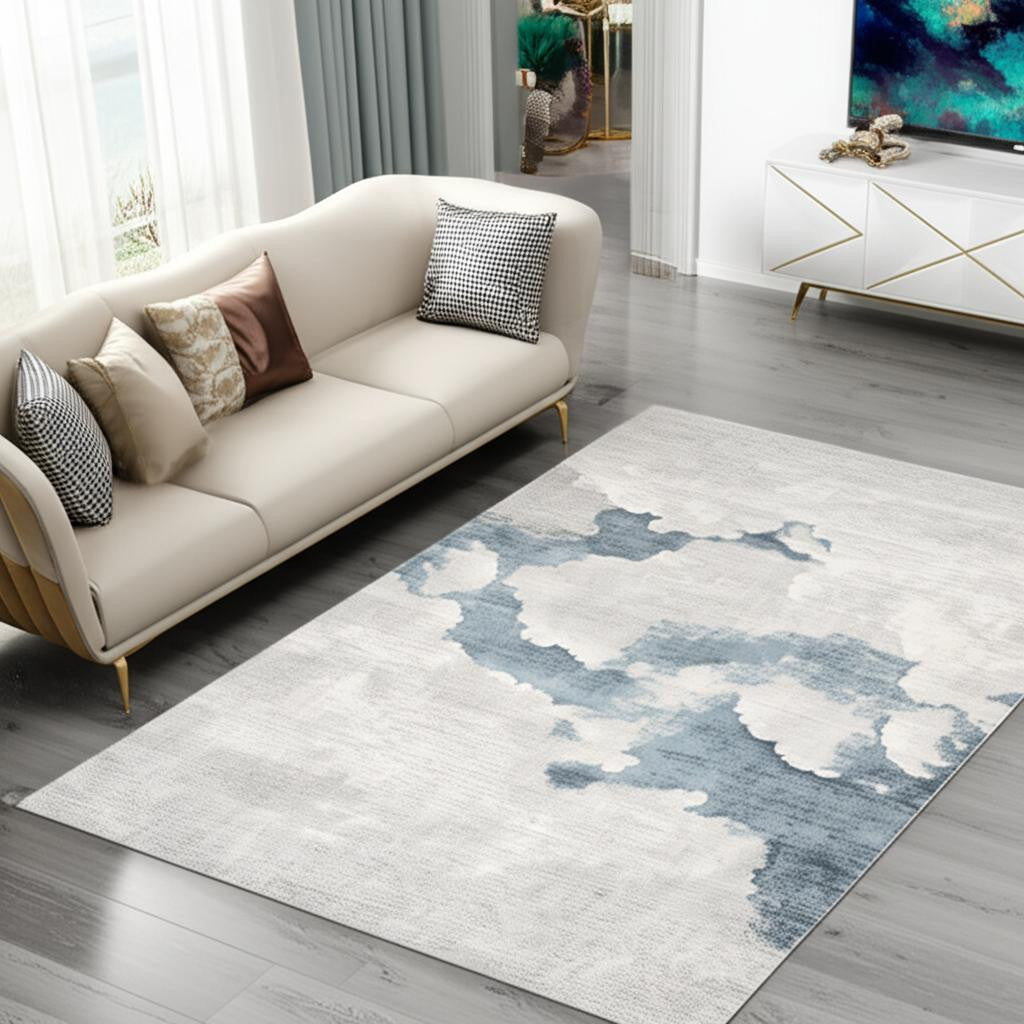 4' X 6' Gray and Blue Abstract Power Loom Area Rug-Area Rugs-DECOROLALA