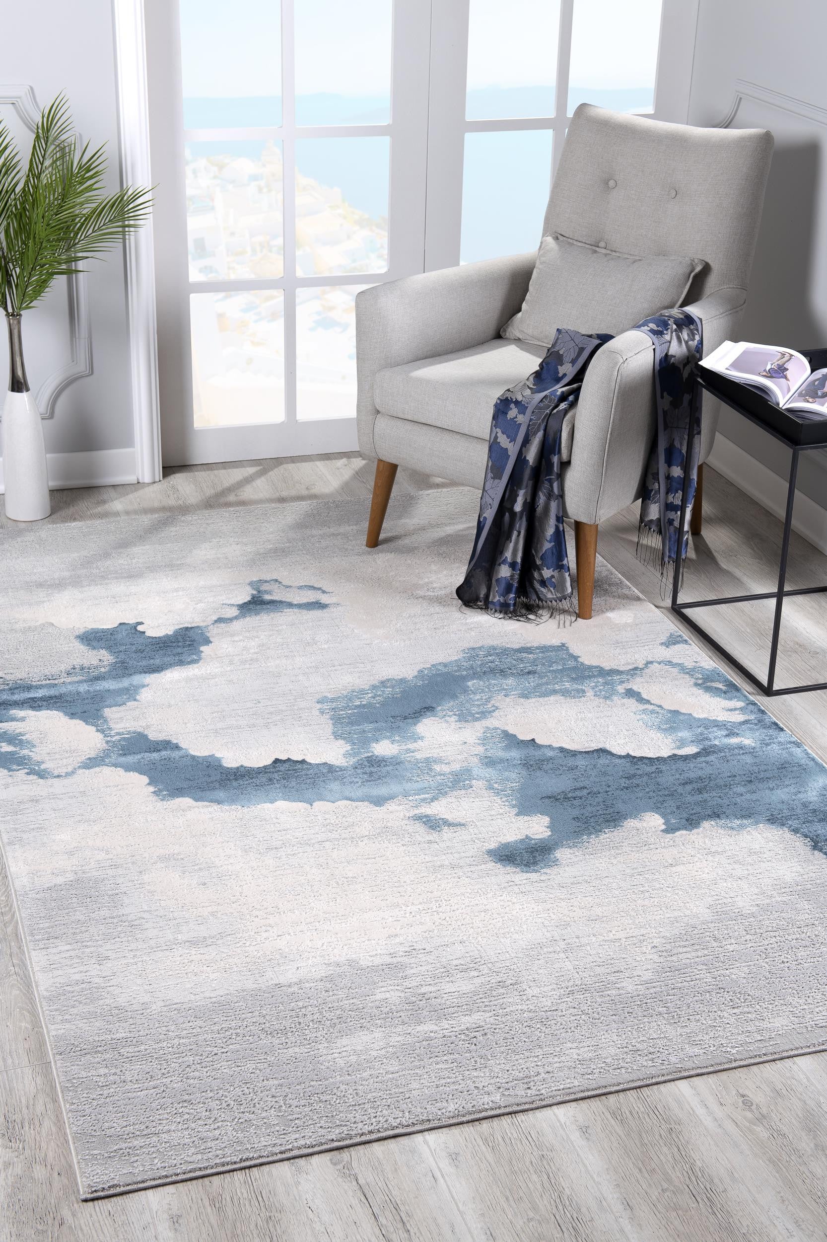 4' X 6' Gray and Blue Abstract Power Loom Area Rug-Area Rugs-DECOROLALA