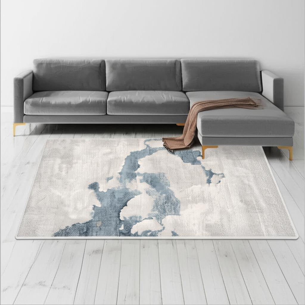 4' X 6' Gray and Blue Abstract Power Loom Area Rug-Area Rugs-DECOROLALA