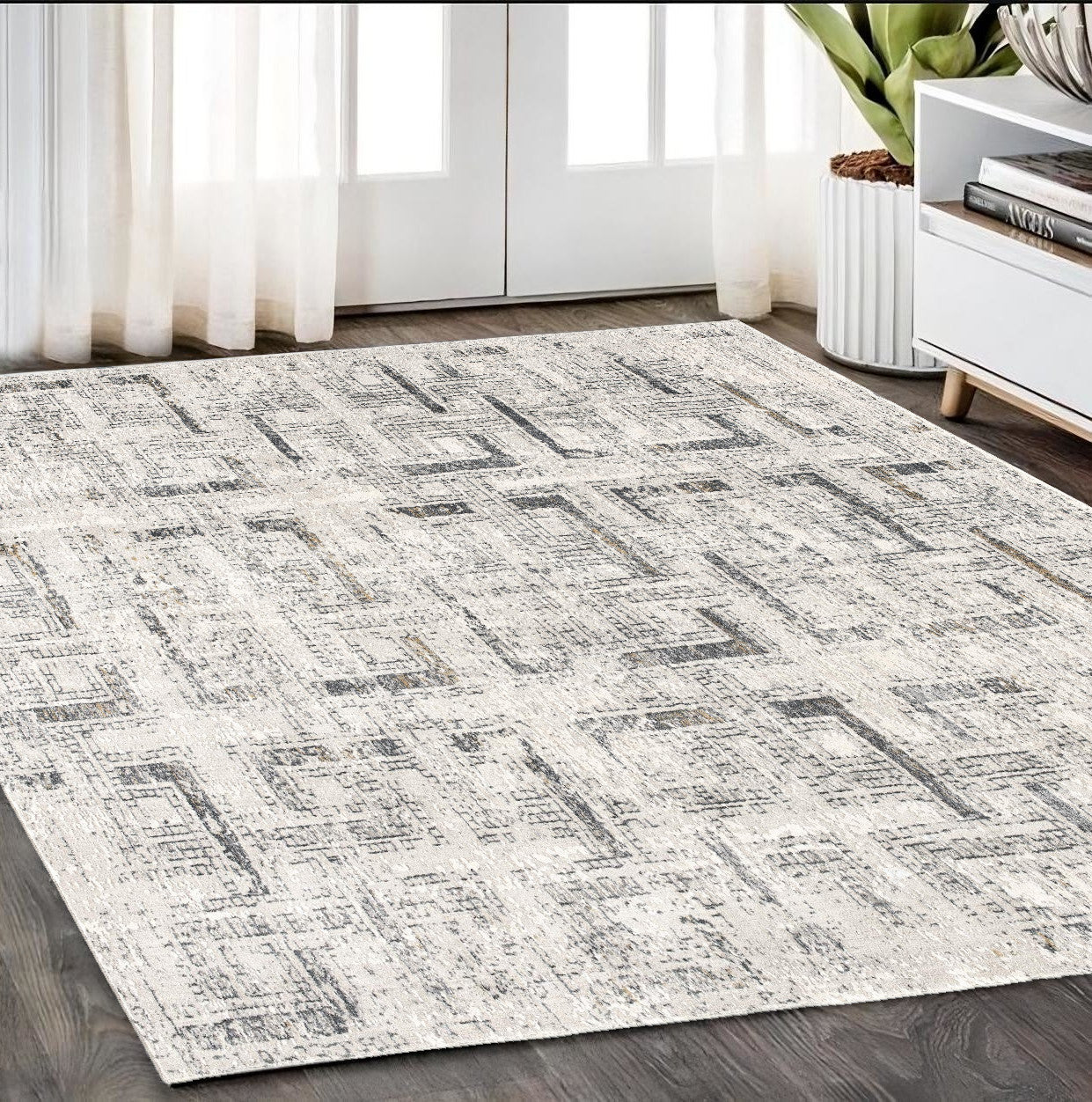 4' X 6' Gray and Ivory Abstract Power Loom Area Rug-Area Rugs-DECOROLALA