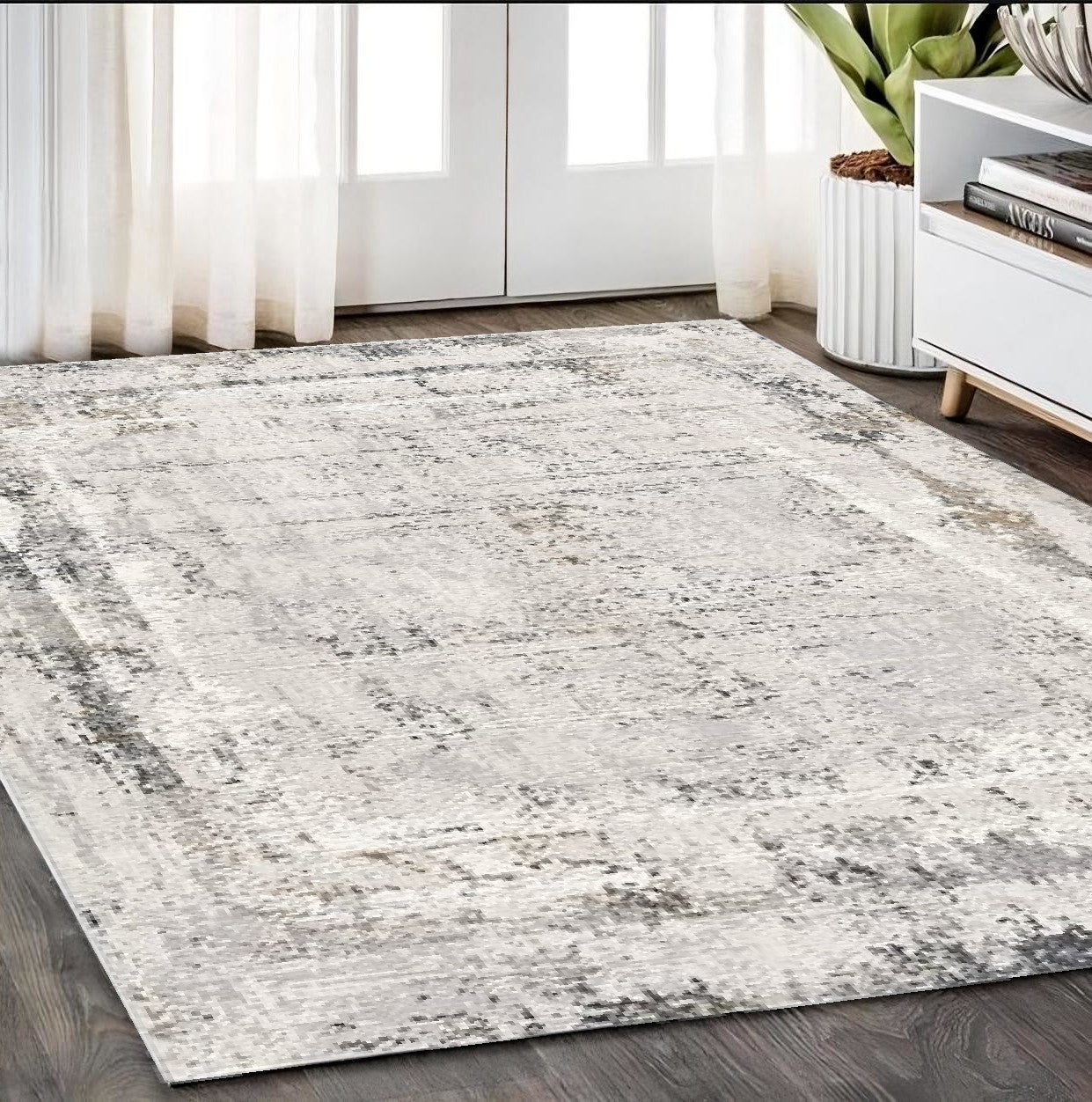 4' X 6' Gray and Ivory Abstract Power Loom Area Rug-Area Rugs-DECOROLALA