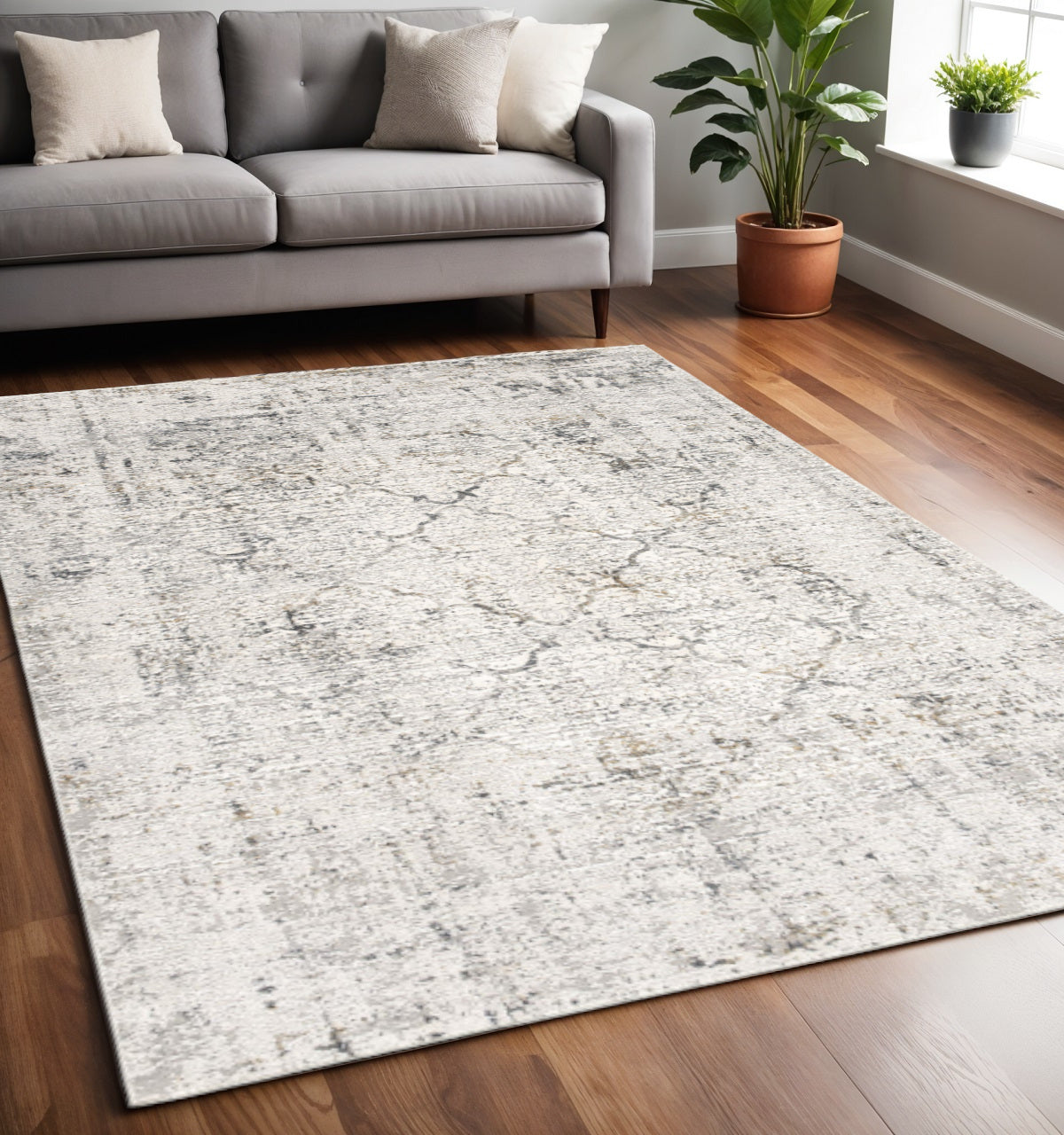 4' X 6' Gray and Ivory Abstract Power Loom Area Rug-Area Rugs-DECOROLALA
